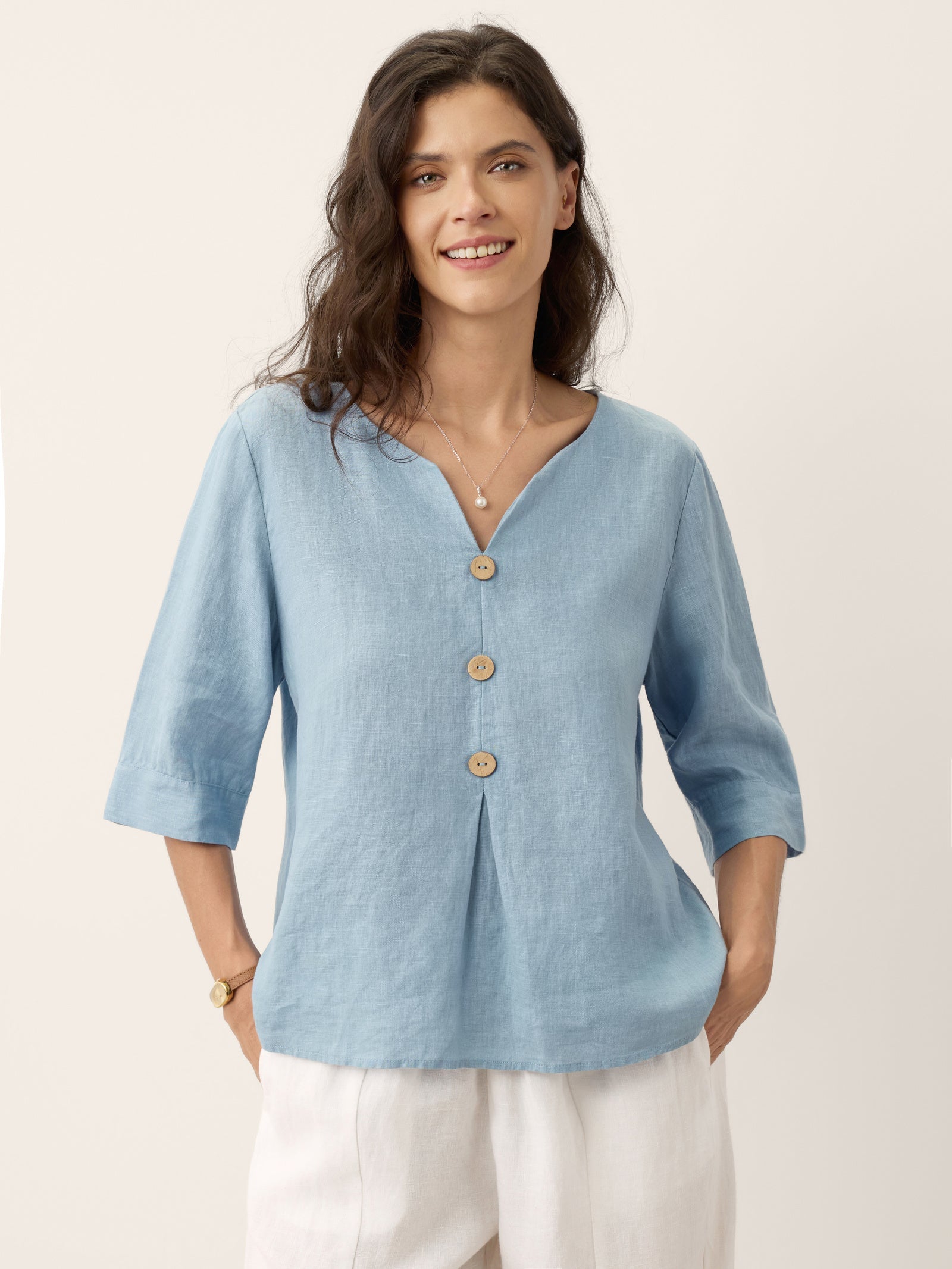 100% Linen Split Neck Inverted Pleat Top TABITHA