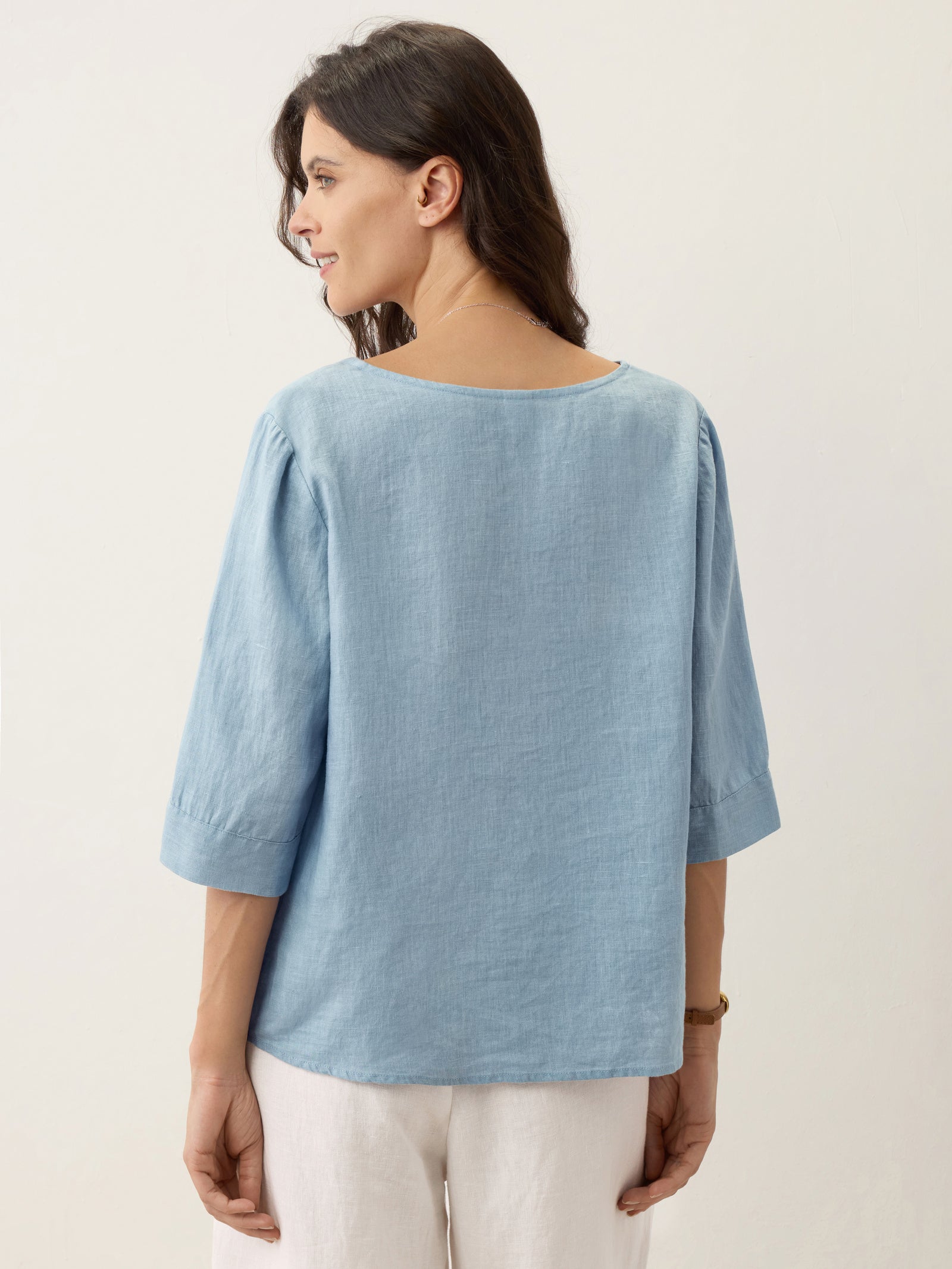 100% Linen Split Neck Inverted Pleat Top TABITHA