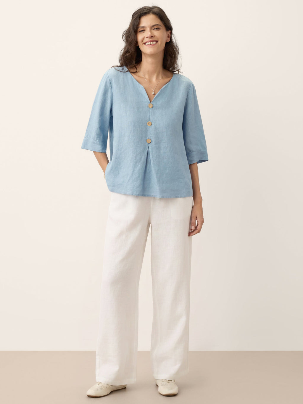 100% Linen Split Neck Inverted Pleat Top TABITHA