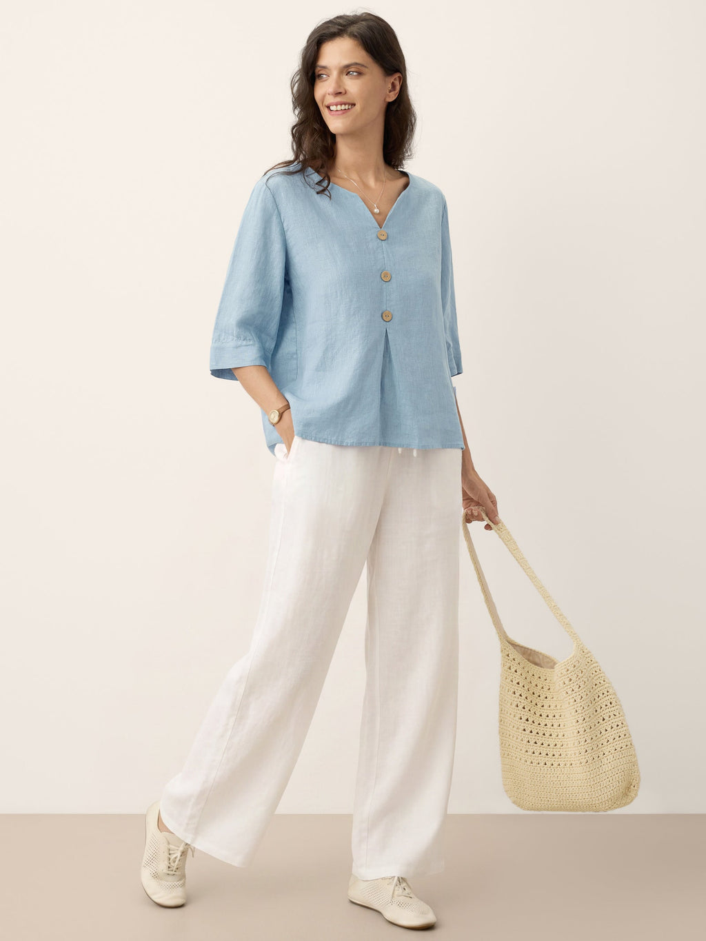 100% Linen Split Neck Inverted Pleat Top TABITHA