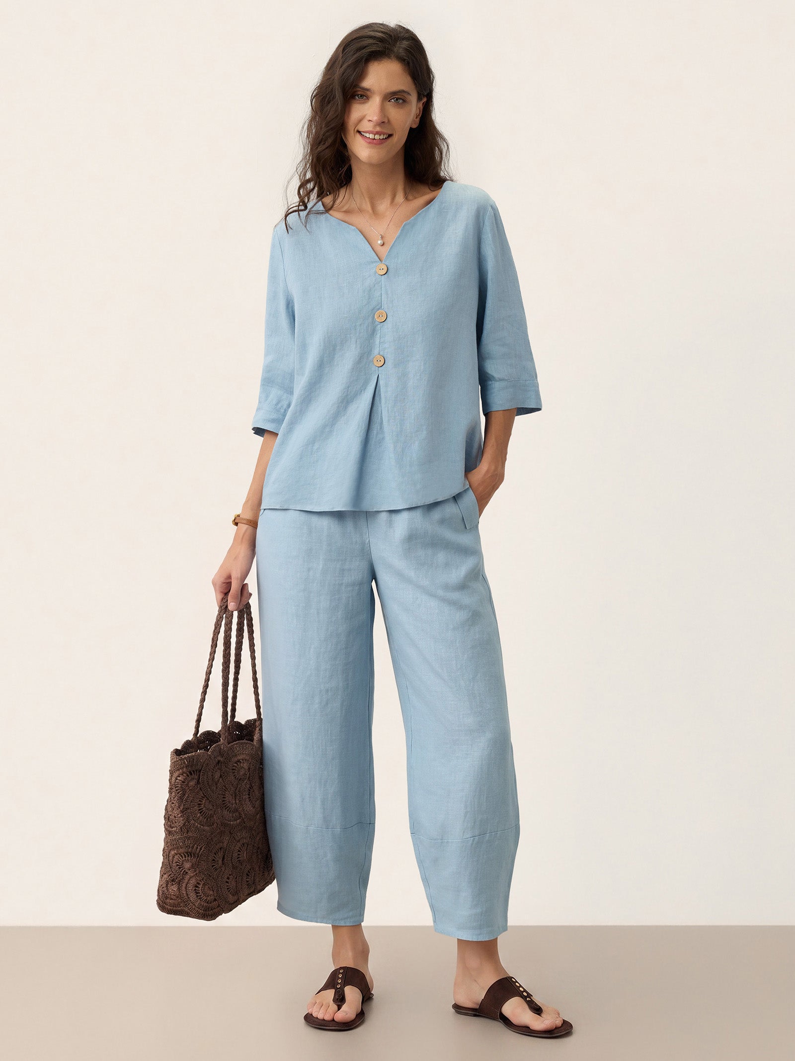 100% Linen Split Neck Inverted Pleat Top TABITHA