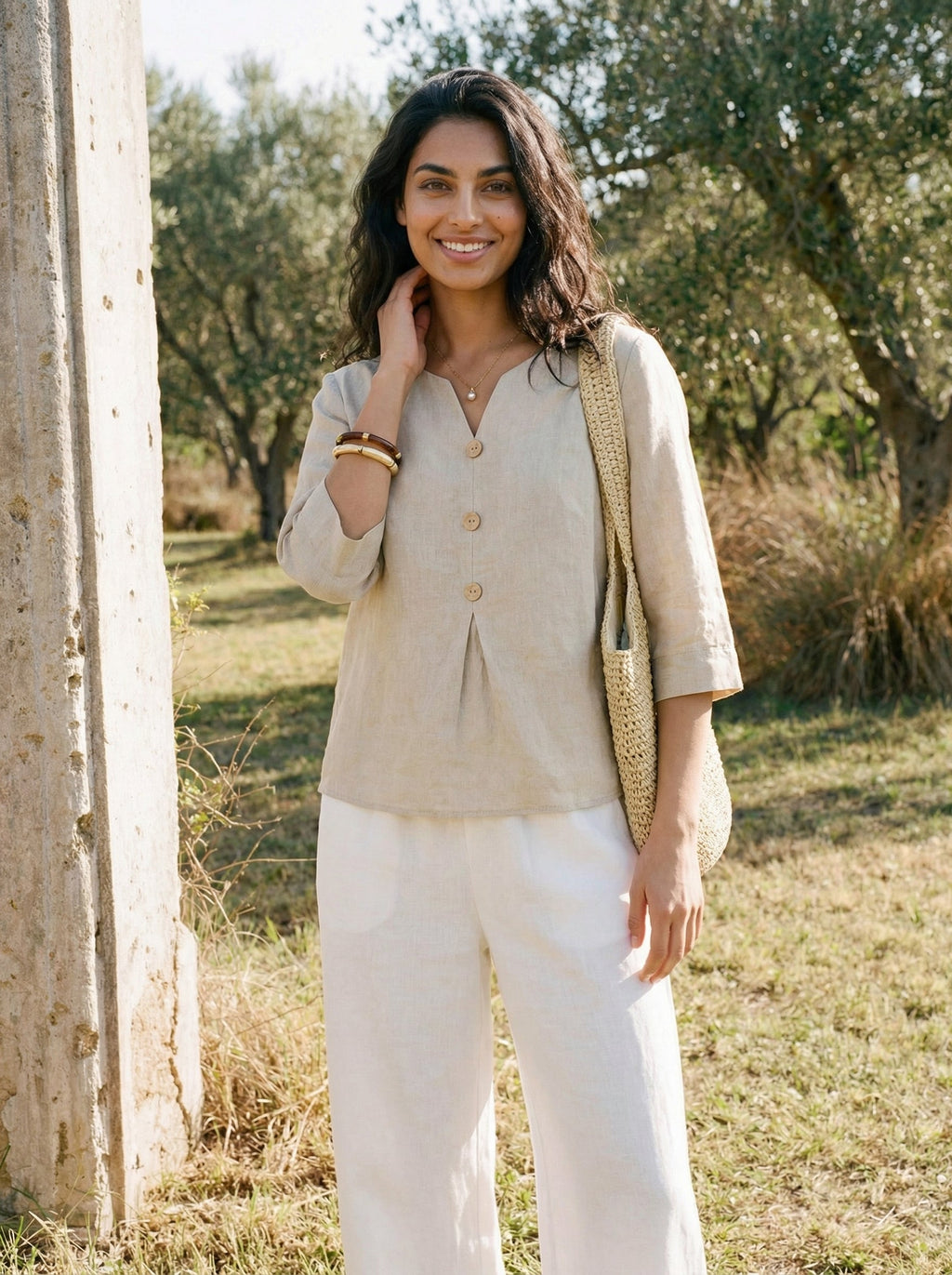100% Linen Split Neck Inverted Pleat Top TABITHA