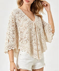 Women Hollow Embossed Hook Pattern V Neck Knitted Versatile Shawl Style Top