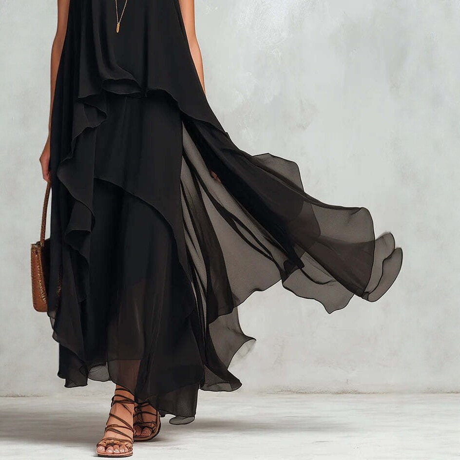 Black Asymmetrical Chiffon Maxi Dress – Flowy Sleeveless Boho A-Line Long Dress for Women