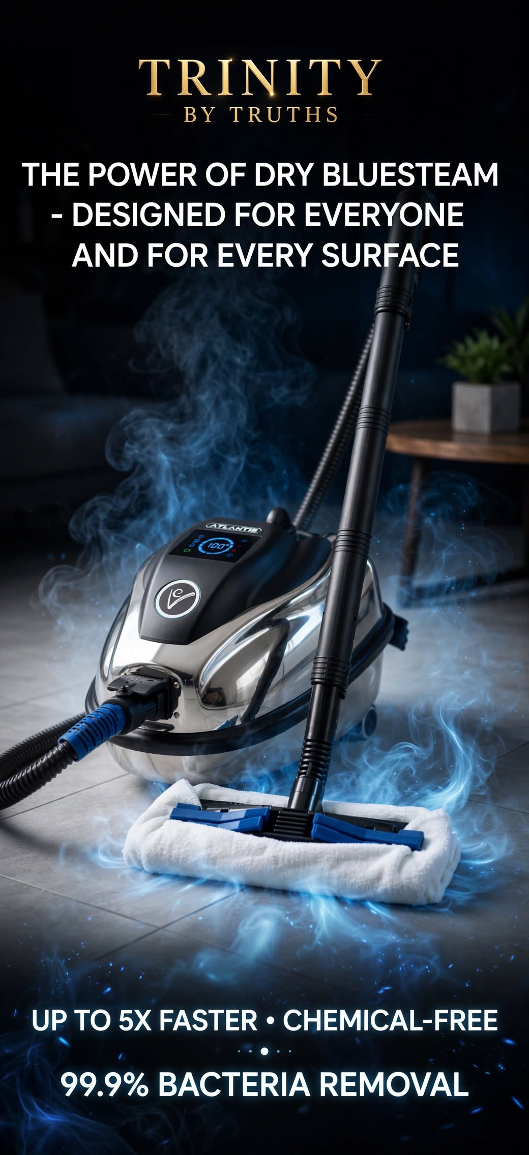 Commercial grade 180C BlueSteam. 99.9% bacteria removal, zero chemicals, trolley included. Financing available. Ships worldwide, LA to Tokyo - TRINITY BY TRUTHS