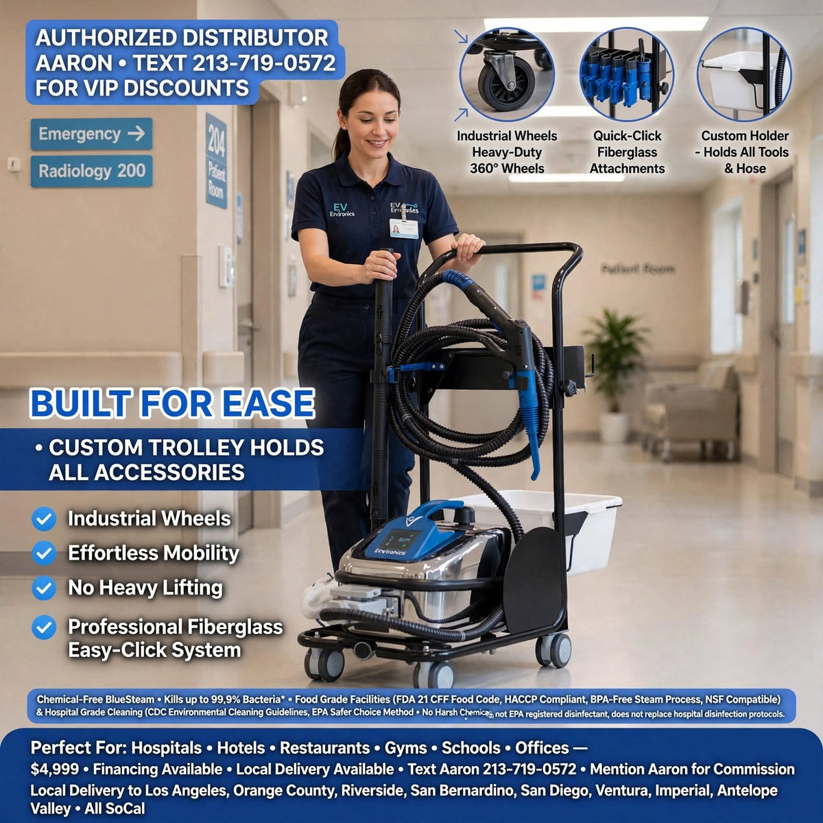 Commercial grade 180C BlueSteam. 99.9% bacteria removal, zero chemicals, trolley included. Financing available. Ships worldwide, LA to Tokyo - TRINITY BY TRUTHS