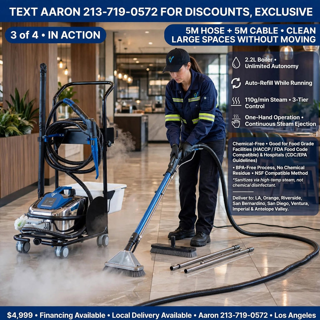 Commercial grade 180C BlueSteam. 99.9% bacteria removal, zero chemicals, trolley included. Financing available. Ships worldwide, LA to Tokyo - TRINITY BY TRUTHS