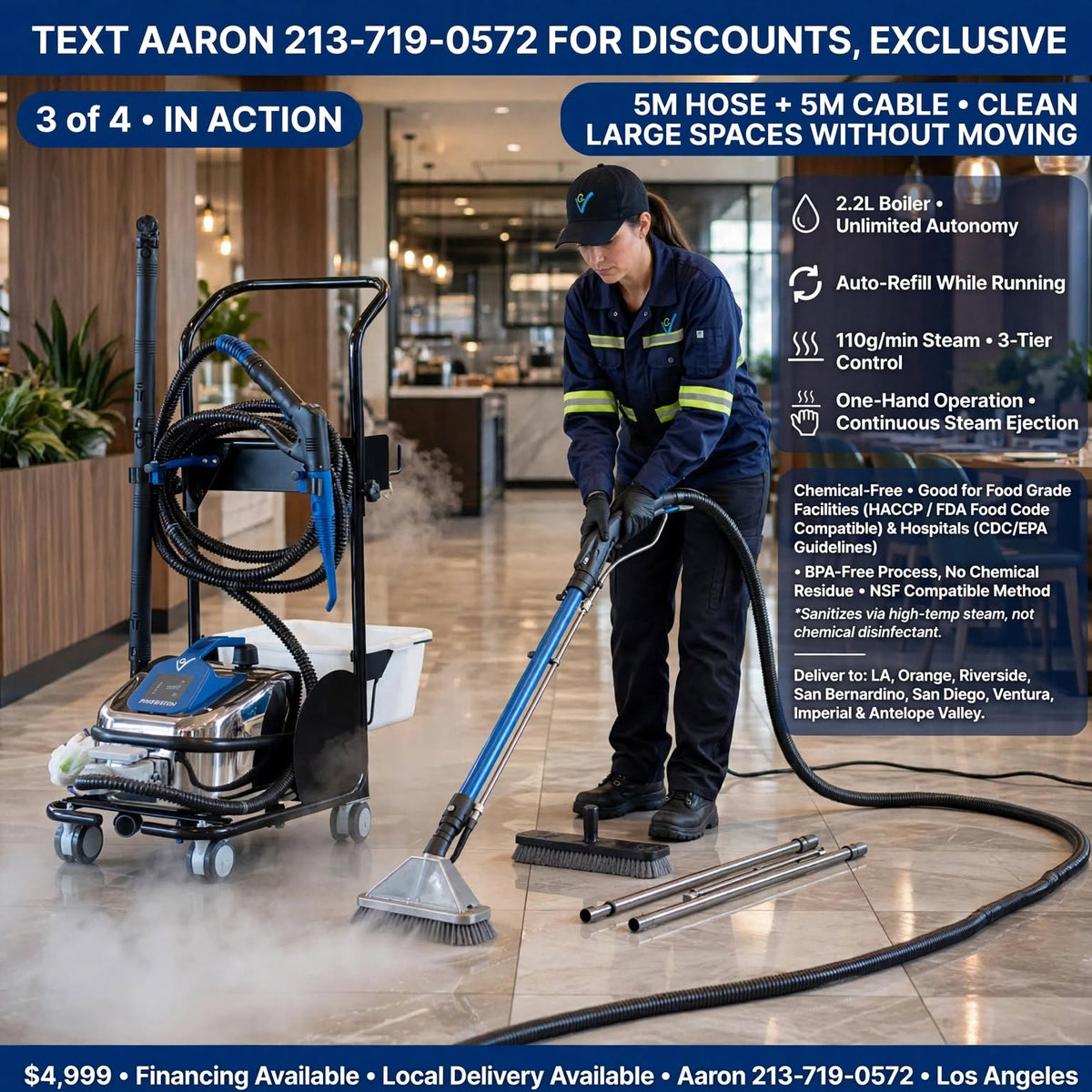 Commercial grade 180C BlueSteam. 99.9% bacteria removal, zero chemicals, trolley included. Financing available. Ships worldwide, LA to Tokyo - TRINITY BY TRUTHS