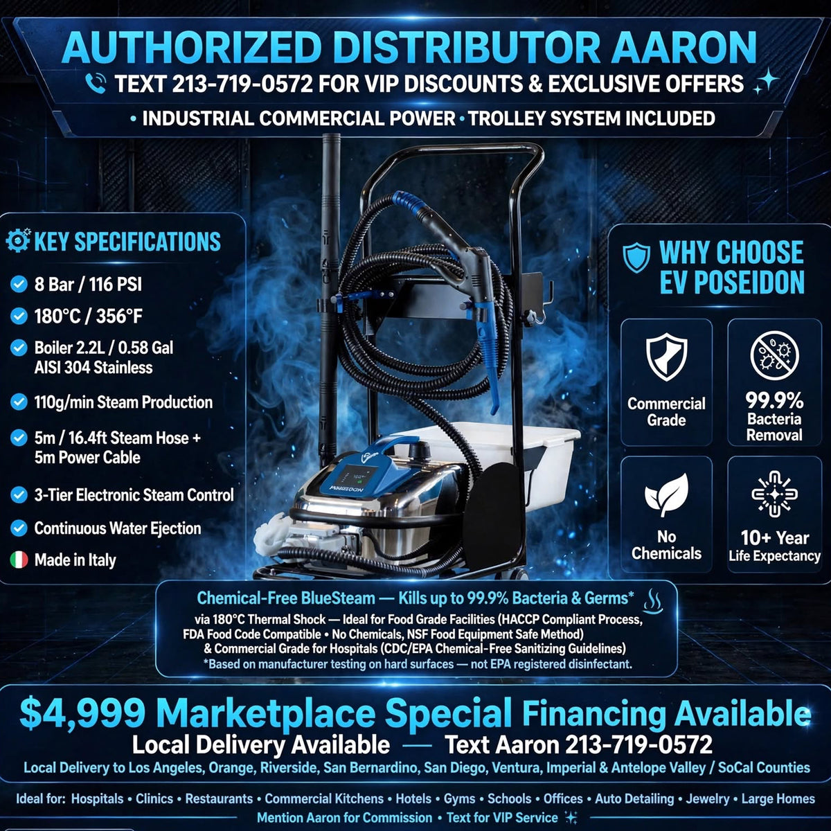 Commercial grade 180C BlueSteam. 99.9% bacteria removal, zero chemicals, trolley included. Financing available. Ships worldwide, LA to Tokyo - TRINITY BY TRUTHS