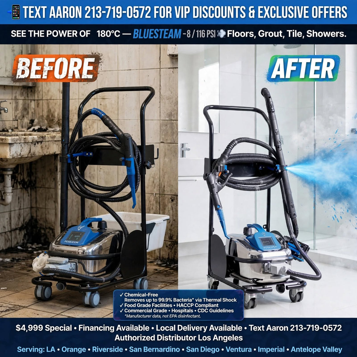 Commercial grade 180C BlueSteam. 99.9% bacteria removal, zero chemicals, trolley included. Financing available. Ships worldwide, LA to Tokyo - TRINITY BY TRUTHS
