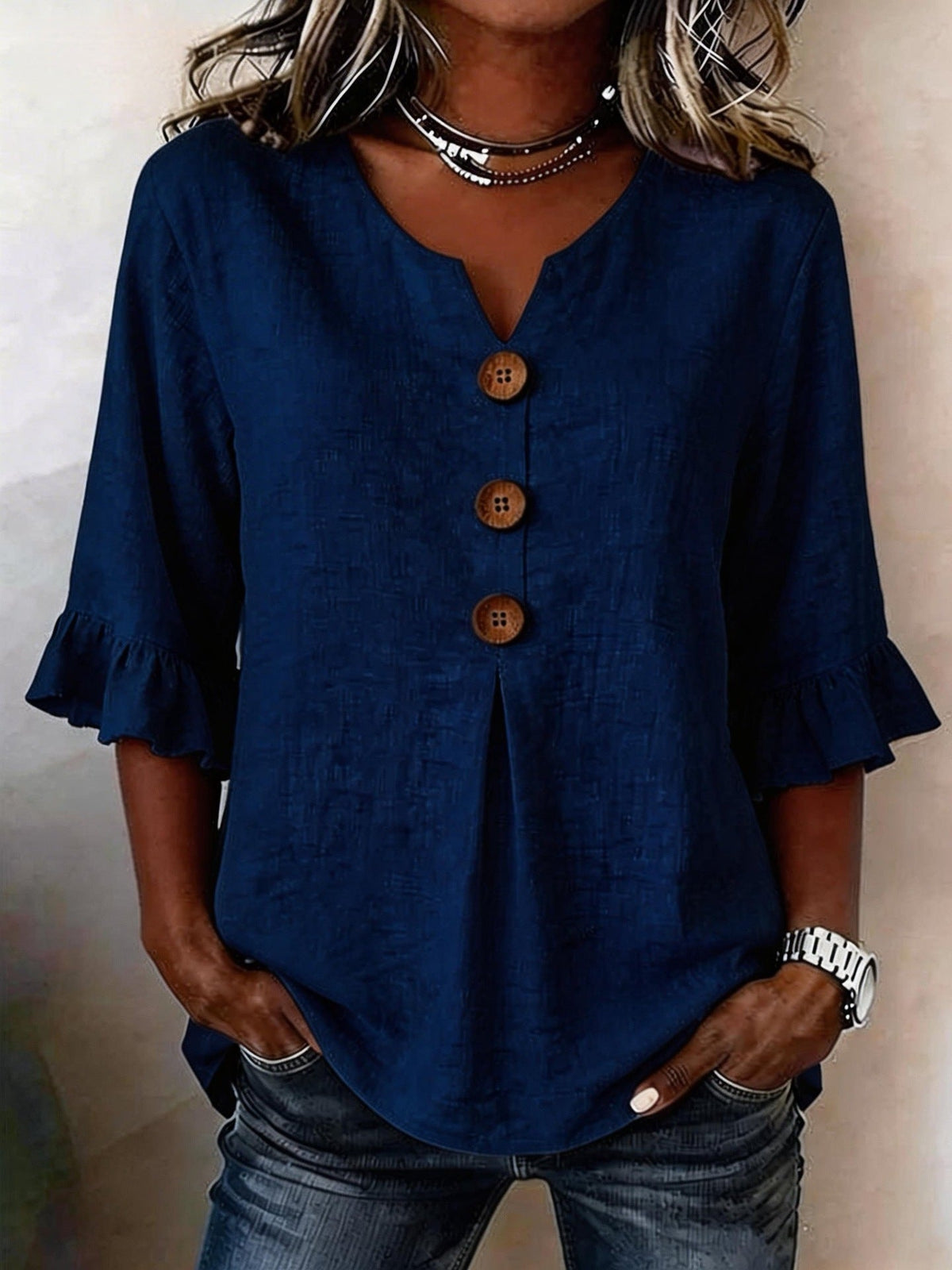 Women's Cotton Linen V-Neck Button-Up Blouse — Summer Casual Top